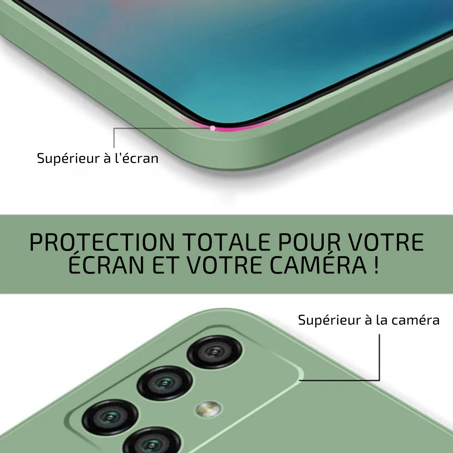 Coque verte pour Samsung Galaxy A, vue avant et arrière du téléphone